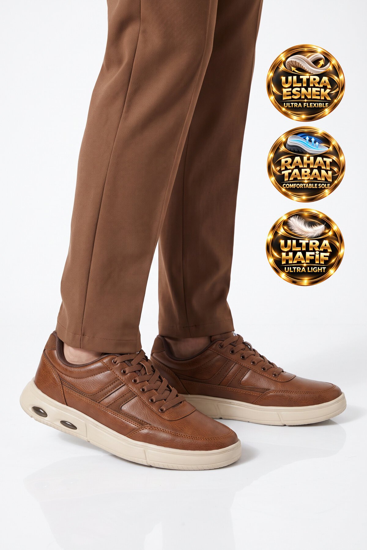 Erkek Taba Casual Ayakkabı Bağcıklı Cilt Hafif Esnek Yürüyüş Ayakkabı Sneaker 128 Cilt