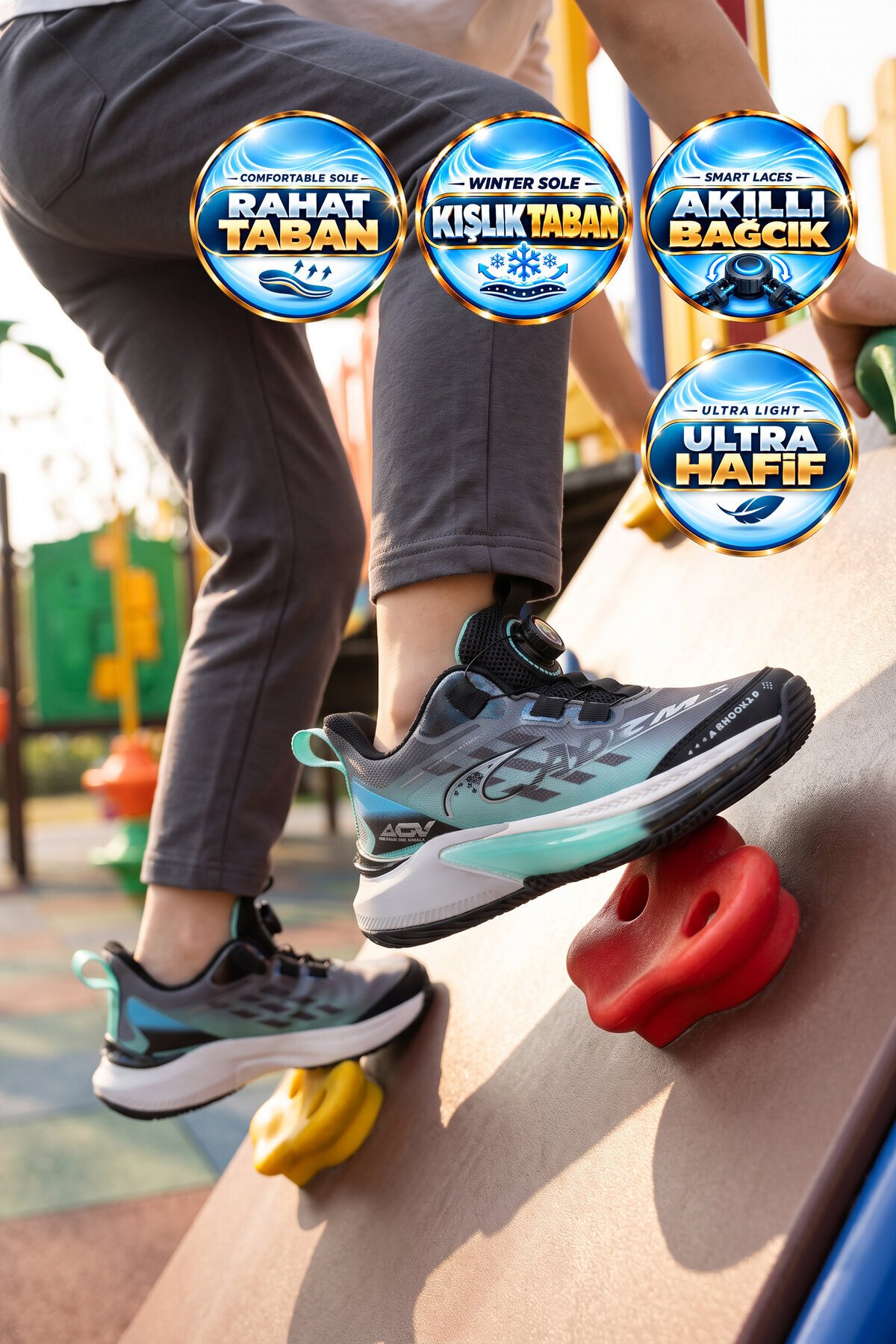 Hafif Rahat Esnek Akıllı Bağcıklı Yeşil Unisex Çocuk Yürüyüş ve Spor Ayakkabı Sneaker Play