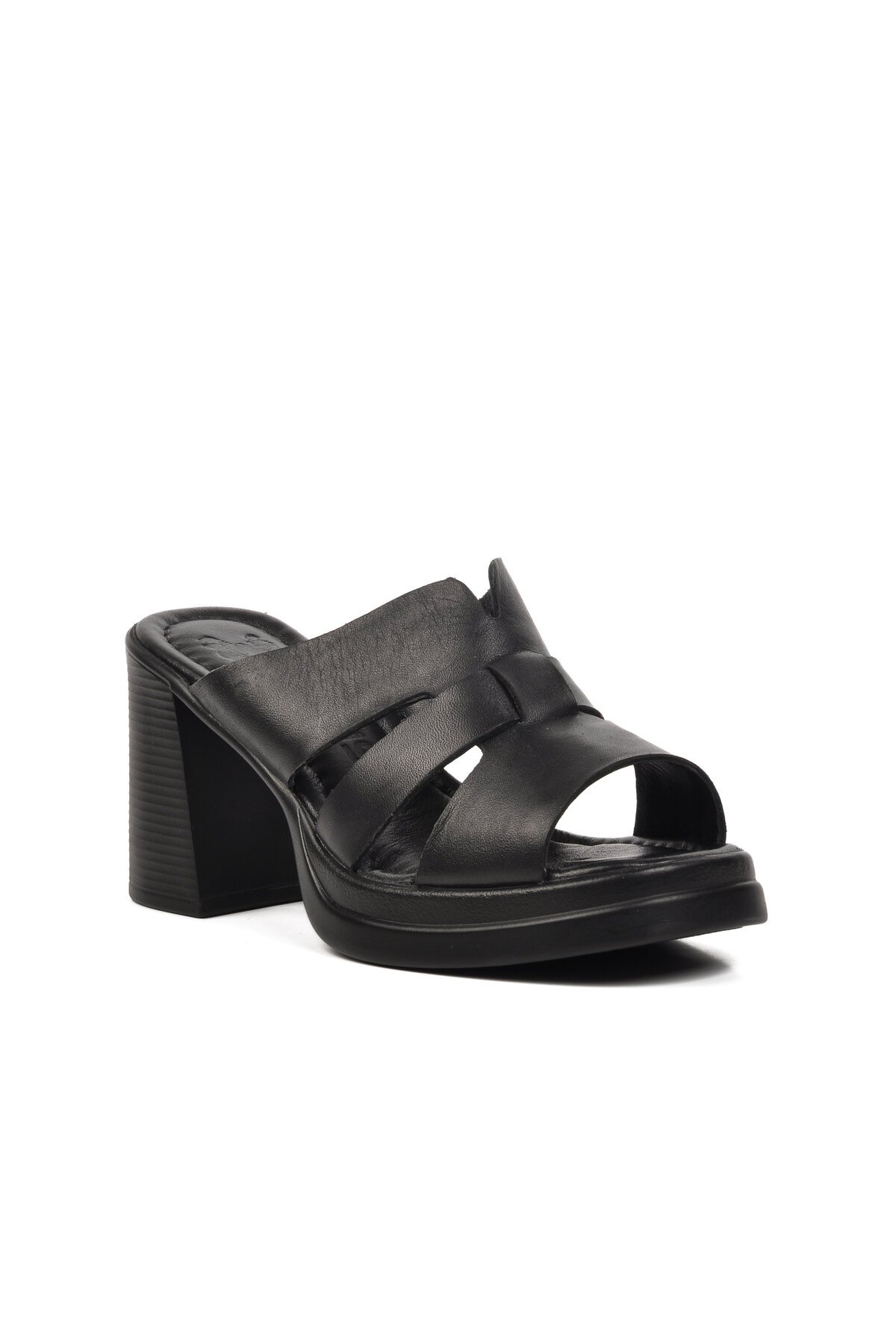Venüs Siyah Hakiki Deri Kadın Topuklu Terlik