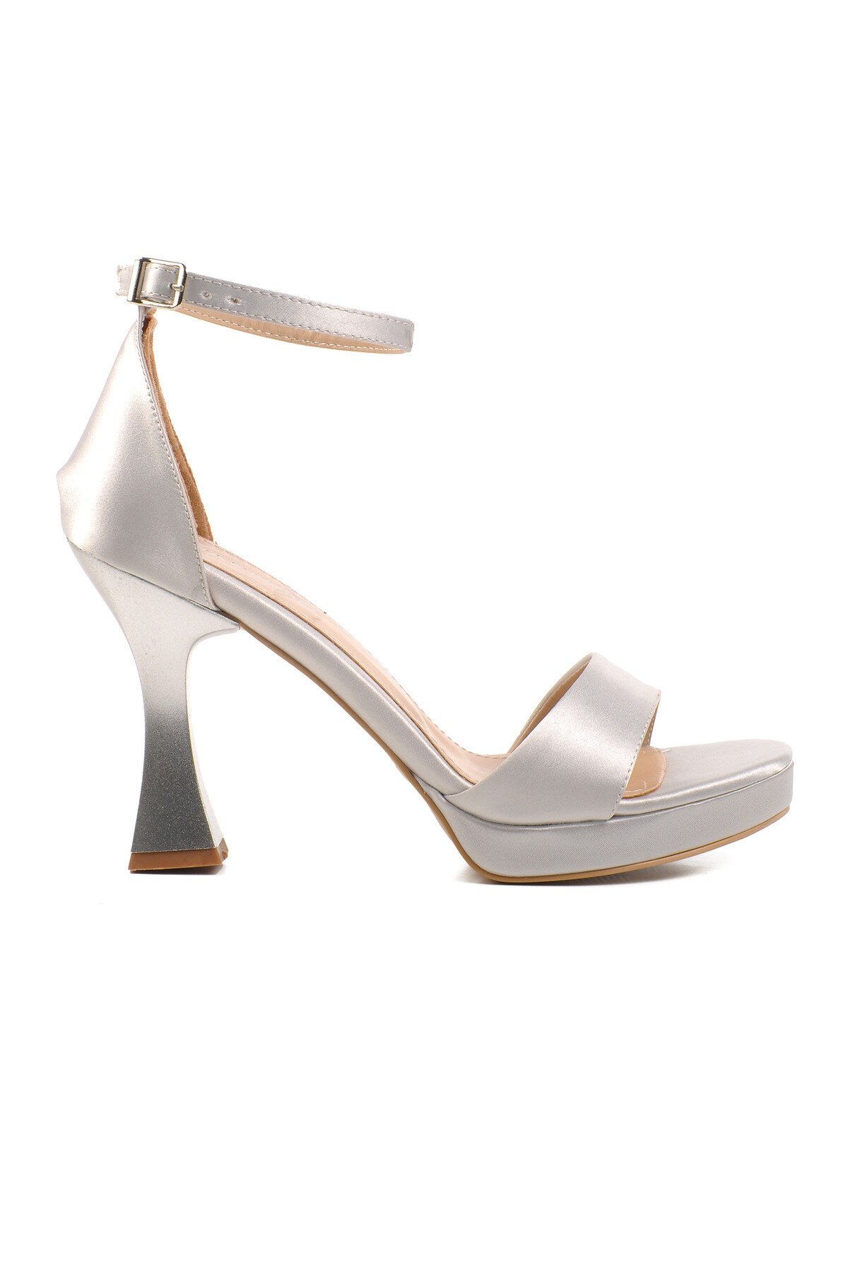 Ayakmod Gümüş Saten Kadın Topuklu Sandalet