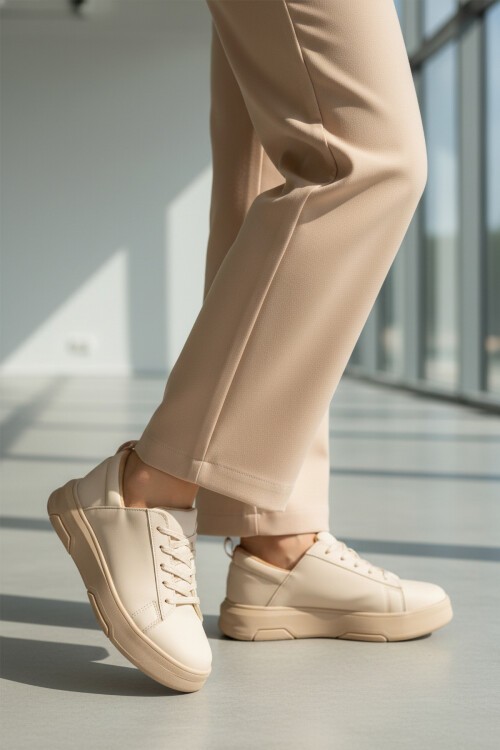 Bej Yüksek Tabanlı Kadın Spor Ayakkabı OZ-03 Z