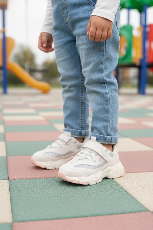 Beyaz Cırtlı Hafif Kız Çocuk Spor Ayakkabı Bella Kısa F