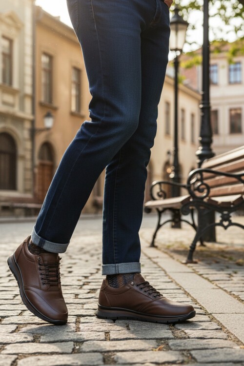 Kahve Hakiki Deri Lastik Bağcıklı Erkek Günlük Ayakkabı 901 M