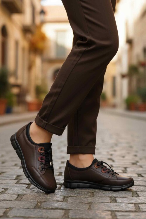 Kahve Hakiki Deri Lastik Bağcıklı Ortopedik Taban Kadın Günlük Ayakkabı 660 Z