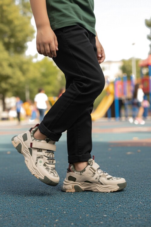 Krem-Haki-Bordo Cırtlı Çocuk Spor Ayakkabı 2021 F