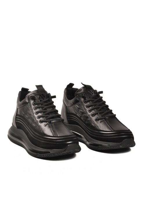 Siyah Hakiki Deri Lastik Bağcıklı Erkek Spor Ayakkabı E053 M