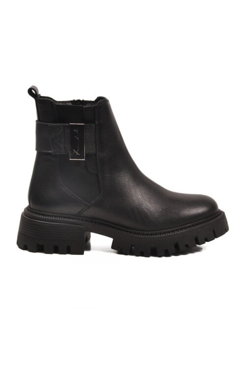 Siyah Hakiki Deri Kaymaz Taban Fermuarlı Kadın Bot Premium 23783-1 Z