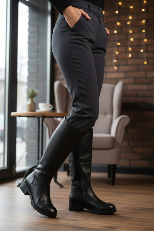 Siyah Hakiki Deri Kaymaz Taban Kadın Çizme 26900-1 Z