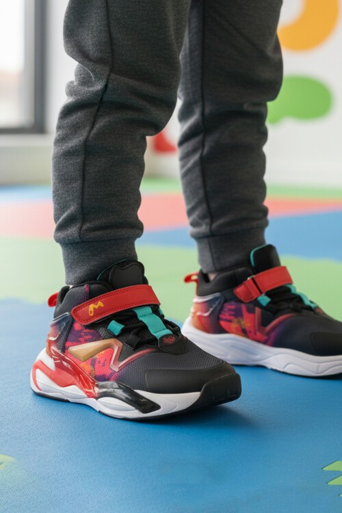 Siyah-Kırmızı Cırtlı Çocuk Spor Ayakkabı 161-T5411102 F