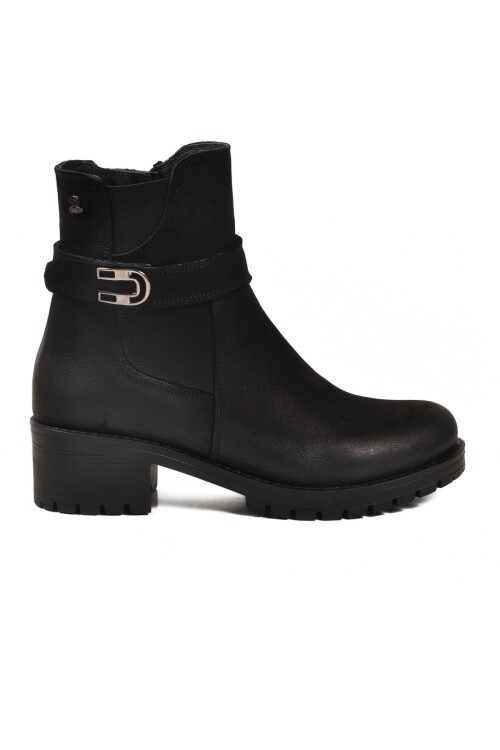 Siyah Nubuk Fermuarlı Hakiki Deri Topuklu Kadın Bot 3376K Z