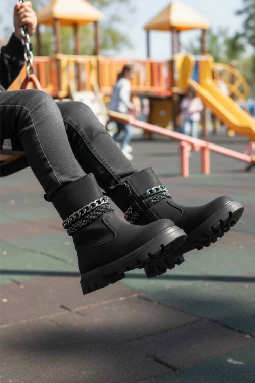 Siyah Fermuarlı İçi Polarlı Çocuk Çizme Duru F