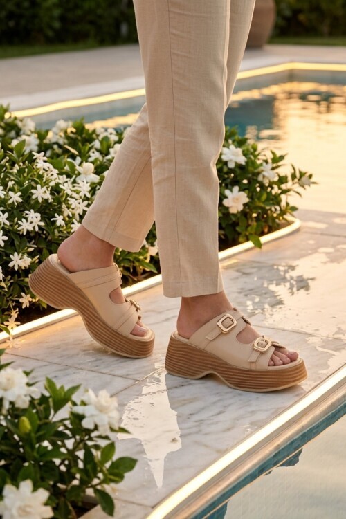 Bej Suni Deri Kadın Terlik 322183 Z