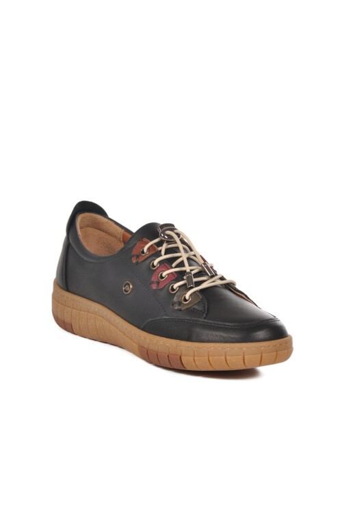 Siyah Hakiki Deri Ortopedik Taban Kadın Günlük Ayakkabı 401 Z