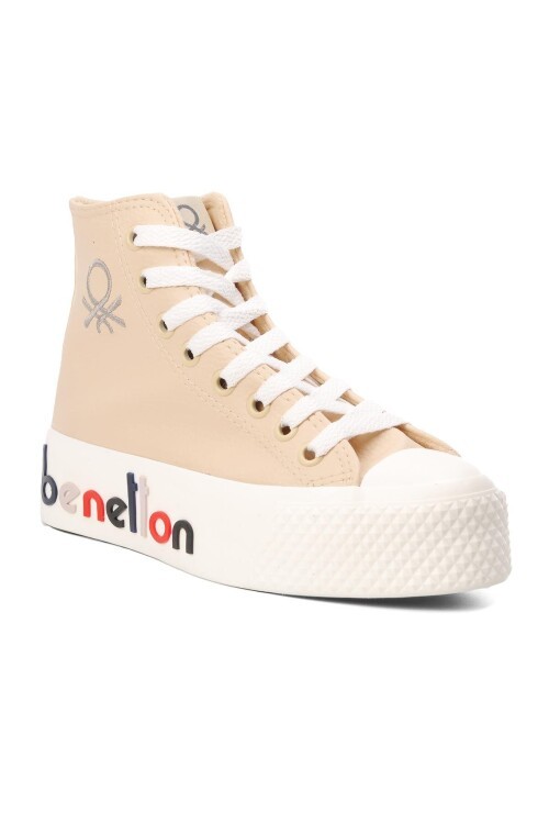 Bej Bilek Boy Bağcıklı Kalın Tabanlı Kadın Spor Ayakkabı Sneaker