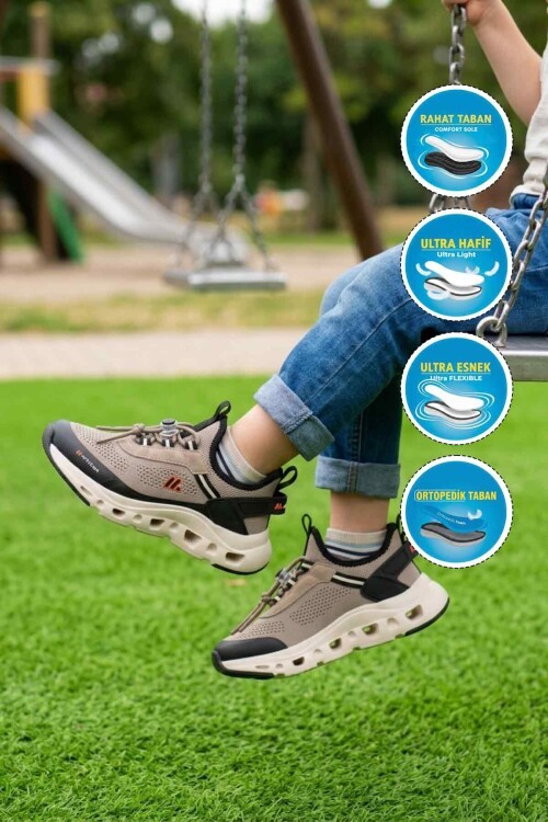 Kum-Siyah Tekstil Ortopedik Çocuk Spor Ayakkabı BXZ001 P Geniş Kalıp