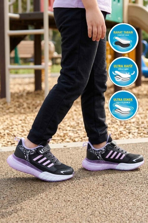 Siyah-Lila Rahat Taban Kız Çocuk Spor Ayakkabı 748 F