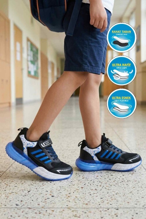 Siyah-Saks Rahat Taban Erkek Çocuk Spor Ayakkabı 748 F