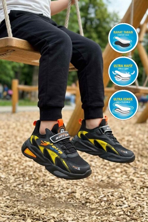 Siyah-Sarı Tekstil Rahat Taban Erkek Çocuk Spor Ayakkabı 2470 F