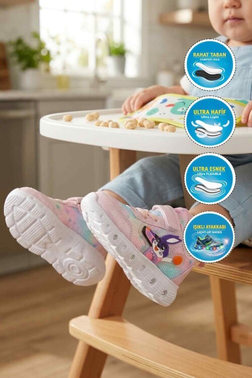 Pudra Simli- Mor Işıklı Hafif Bebek Spor Ayakkabı 1015 B