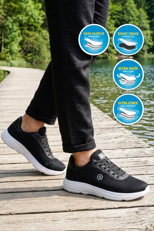 Siyah-Beyaz Fileli Rahat Hafif Unisex Spor Ayakkabı 26102 M