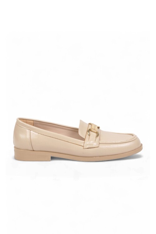 Kadın Toka Detaylı Şık Rahat Bej Parlak Kadın Klasik Casual Ayakkabı Loafer PC-56058