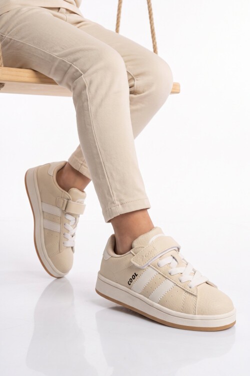 Cırt Bantlı Kalın Rahat Taban Bej Unisex Çocuk Yürüyüş ve Spor Ayakkabı Sneaker Coop