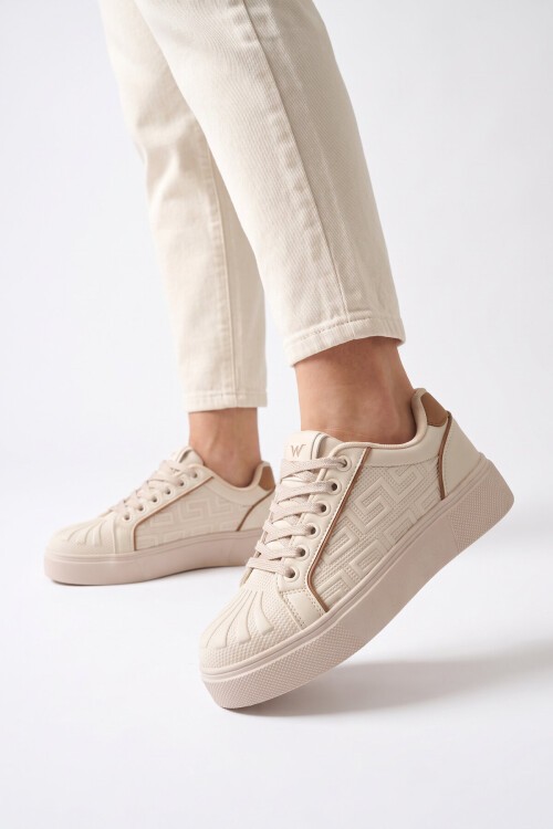 Erkek Bağcıklı Kalın Taban Spor Ayakkabı Bej Şık Rahat Casual Ayakkabı Sneaker 26201