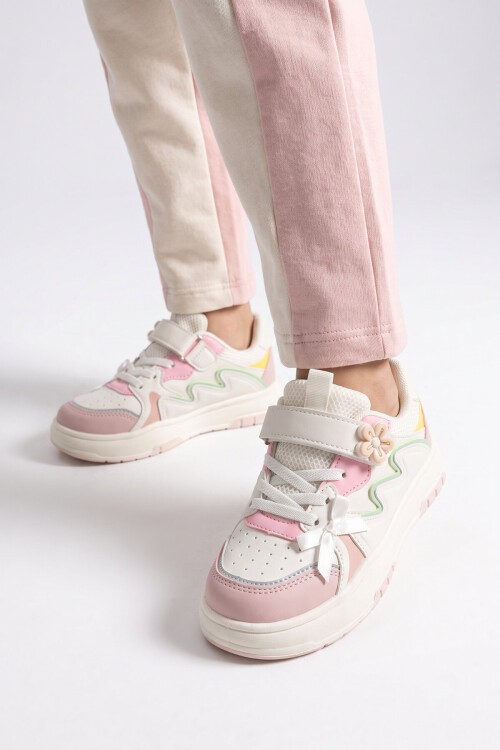 Beyaz-Pudra Cırtlı Kalın Tabanlı Kız Çocuk Spor Ayakkabı Sneaker Odessa P