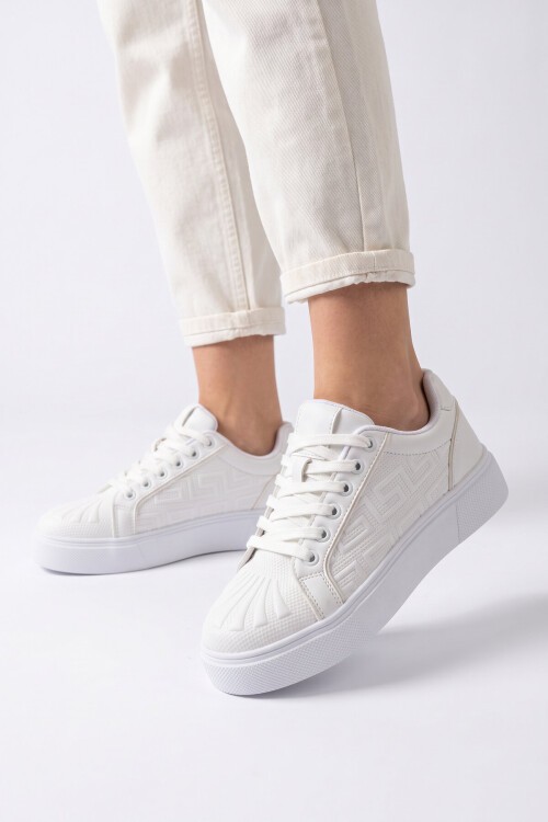 Erkek Bağcıklı Kalın Taban Spor Ayakkabı Beyaz Şık Rahat Casual Ayakkabı Sneaker 26201