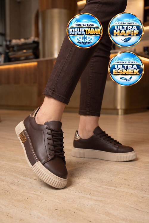 Kadın Kahve Bağcıklı Kalın Tabanlı Şık Rahat Sneaker Günlük Casual Yürüyüş Ayakkabı 261261