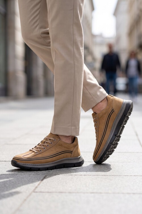 Erkek Bağcıklı Rahat Taban Kum Hakiki Deri Erkek Casual Sneaker Ayakkabı 160