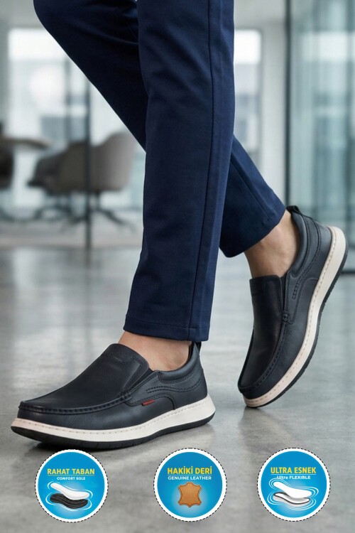Lacivert Hakiki Deri Hafızalı Rahat Taban Erkek Günlük Ayakkabı Loafer 6501  M