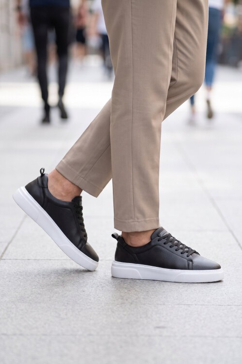 Erkek Bağcıklı Kalın Rahat Tabanlı Siyah-Beyaz Hakiki Deri Casual Sneaker Ayakkabı 272303