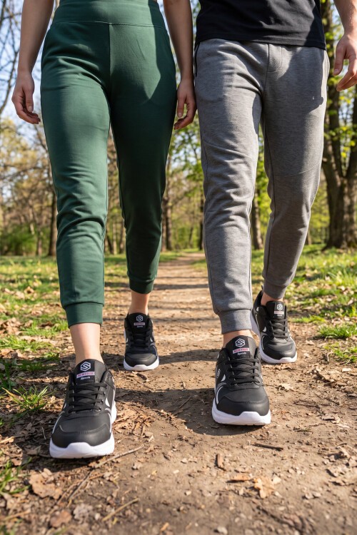 Bağcıklı Kalın Rahat Taban Hafif Esnek Siyah-Beyaz Unisex Yürüyüş ve Spor Ayakkabı Sneaker 2032