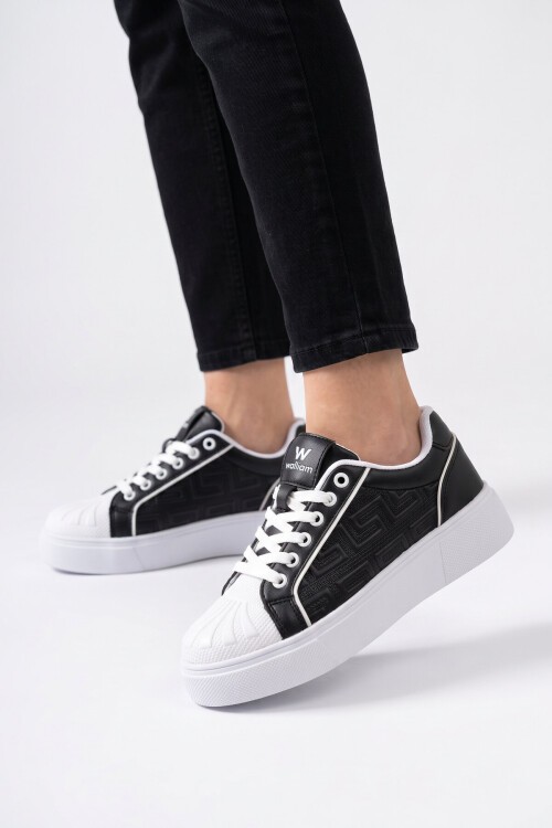 Erkek Bağcıklı Kalın Taban Spor Ayakkabı Siyah-Beyaz Şık Rahat Casual Ayakkabı Sneaker 26201