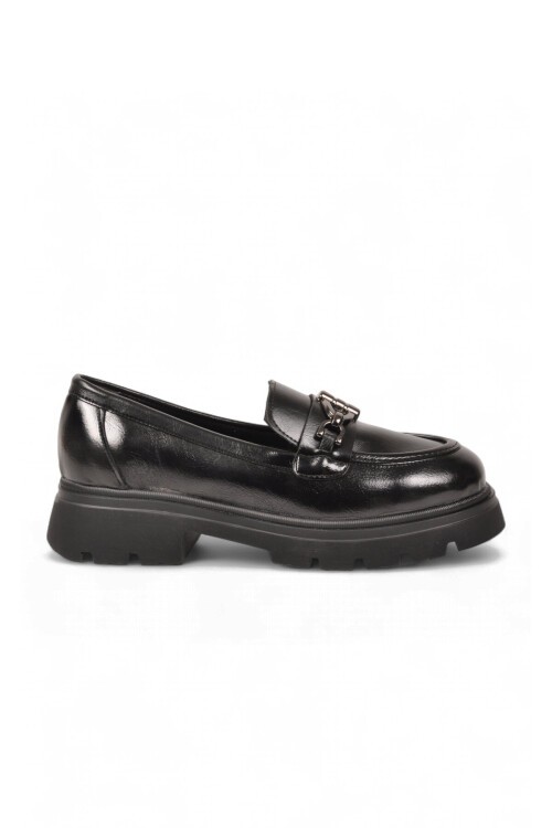 Kadın Toka Detaylı Loafer Siyah Cilt Kalın Rahat Taban Şık Casual Ayakkabı 572508
