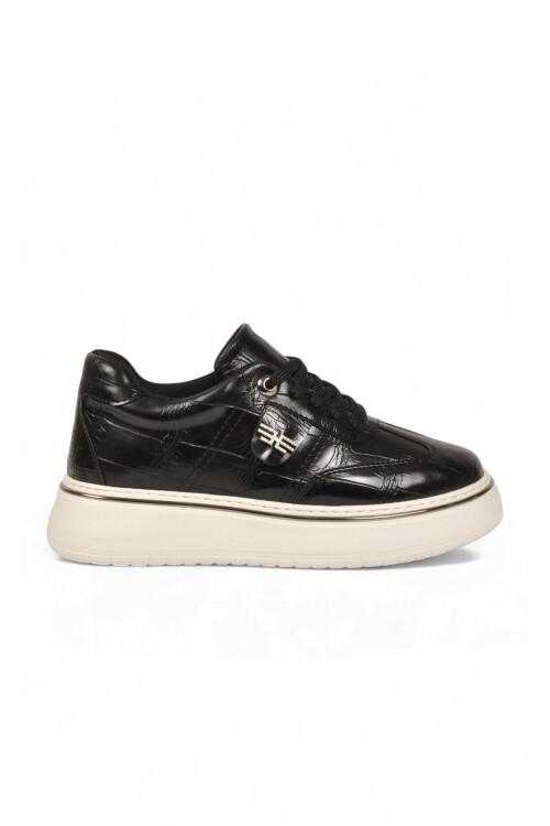 Kadın Bağcıklı Sneaker Siyah Cilt Kalın Rahat Taban Casual Yürüyüş Ayakkabı 231176
