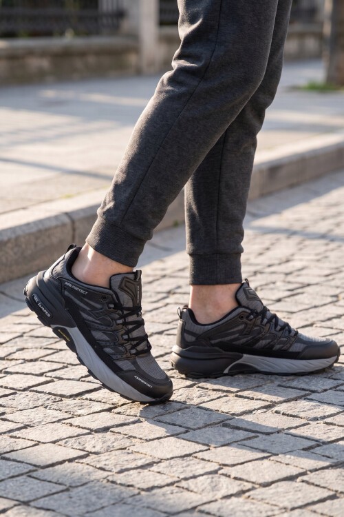 Rahat Ortopedik Taban Bağcıklı Siyah-Füme Erkek Yürüyüş ve Spor Ayakkabı Sneaker 2427