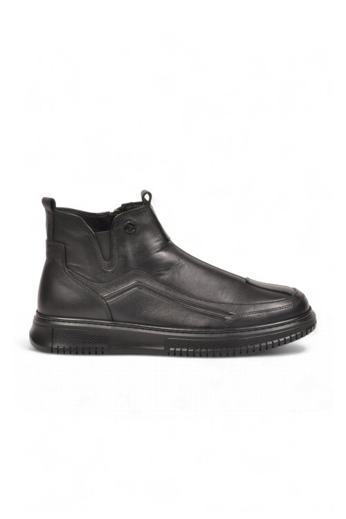 Erkek Kauçuk Tabanlı Yan Lastikli Fermuarlı Siyah Hakiki Deri Bot 6K4052-2297
