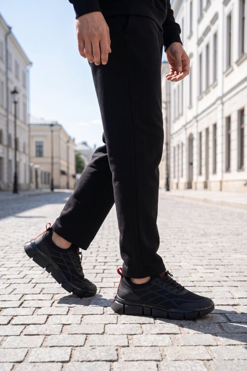 Erkek Lastik Bağcıklı Kalın Rahat Konfor Taban Siyah-Kırmızı Yürüyüş ve Spor Ayakkabı Sneaker Stride