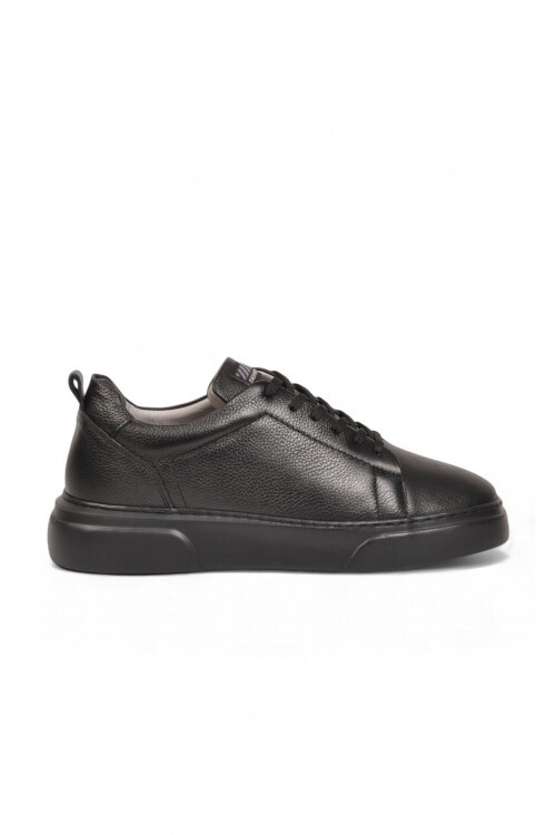 Erkek Bağcıklı Kalın Rahat Tabanlı Siyah Hakiki Deri Casual Sneaker Ayakkabı 272303