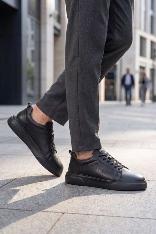 Erkek Bağcıklı Kalın Rahat Tabanlı Siyah Hakiki Deri Casual Sneaker Ayakkabı 272303