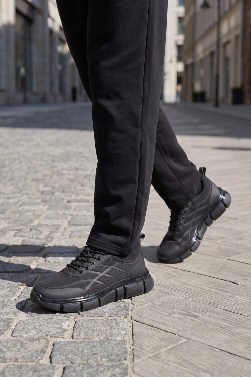 Erkek Lastik Bağcıklı Kalın Rahat Konfor Taban Siyah Yürüyüş ve Spor Ayakkabı Sneaker Stride