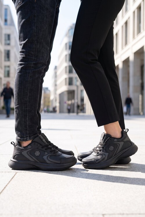 Bağcıklı Kalın Rahat Taban Hafif Esnek Siyah Unisex Yürüyüş ve Spor Ayakkabı Sneaker 2032