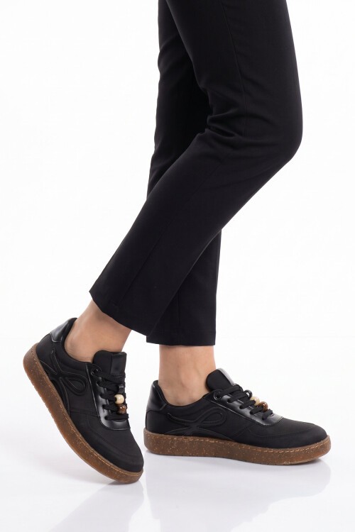 Aksesuar Bağcıklı Kalın Taban Sneaker Siyah Şık Rahat Casual Yürüyüş Ayakkabı 669253