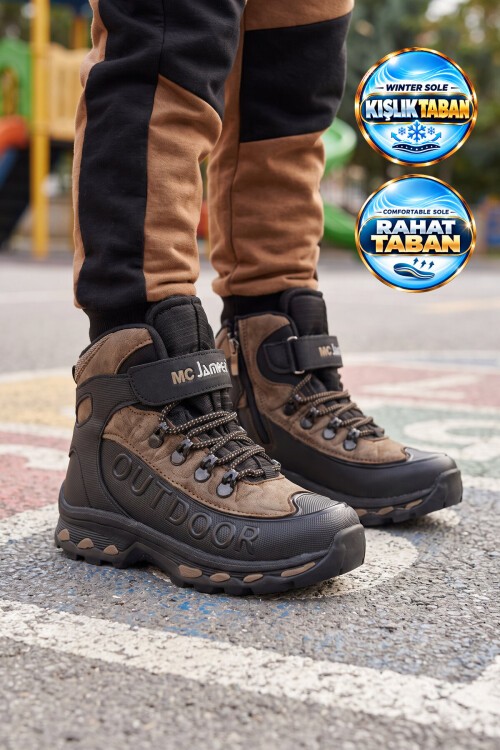 Siyah-Vizon Cırtlı Bilek Boy Kaymaz Taban Unisex Çocuk Outdoor Trekking Bot 2115