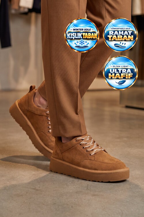 Kadın Taba Süet Bağcıklı Kalın Rahat Tabanlı Şık Casual Sneaker Ayakkabı 635443