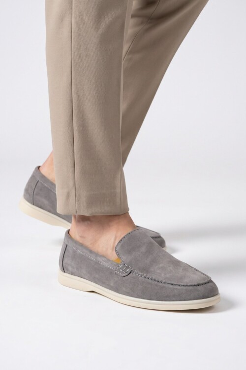 Hafif Rahat Şık Espadril Açık Gri Hakiki Deri Erkek Casual Loafer Ayakkabı 6K020-217