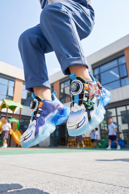 Akıllı Bağcıklı Desenli Kalın Tabanlı Mavi Unisex Çocuk Spor Ayakkabı Sneaker Kalen