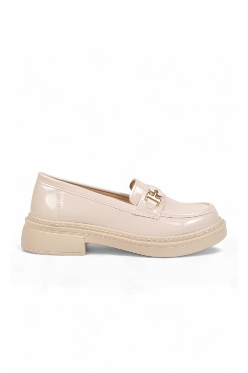Toka Detaylı Kalın Tabanlı Şık Rahat Bej Rugan Kadın Casual Ayakkabı Loafer 1805